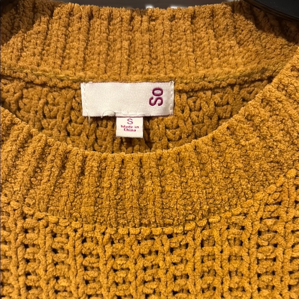 SO Women's Soft Mustard Open-Stitch Crewneck Sweater - Picture 2 of 5